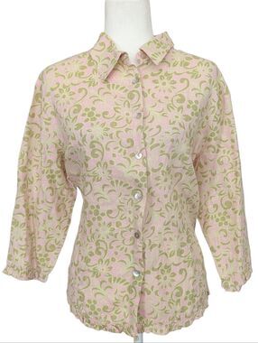 Aegean Womens Pink Green Linen Paisley Floral 3/4 Sleeve Button Up Shirt Medium
